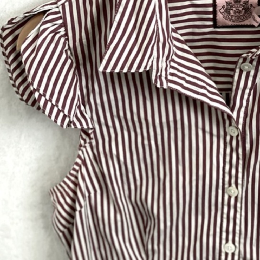 Juicy Couture Burgundy & White Striped Ruffle Sleeve Button Down Top NWOT - Picture 4 of 5